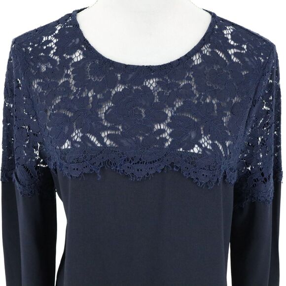 Lulus Top Womens Medium Navy Blue Lace Yoke Crepe Blouse Pullover Romantic - Picture 7 of 15